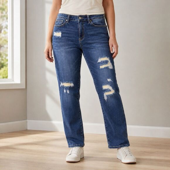 Judy Blue Denim - Judy Blue Jeans Womens 13/31 Boyfriend Distressed Thermal Patch Stretch 88306